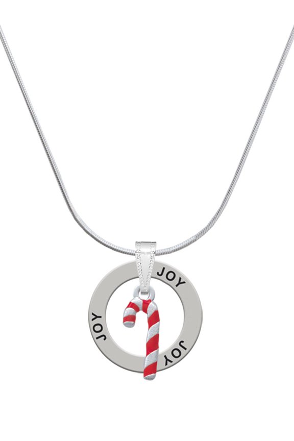 Silvertone 3-D Red Enamel Candy Cane Joy Ring Charm Necklace, 18"