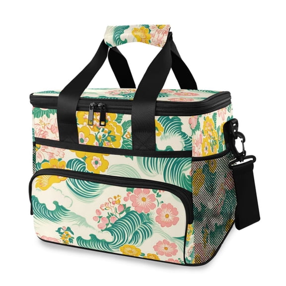 FORMRS Insulated Cooler Bag 24 Cans Capacity Soft Leakproof Lunch Box with Side Pockets, Floral Wave