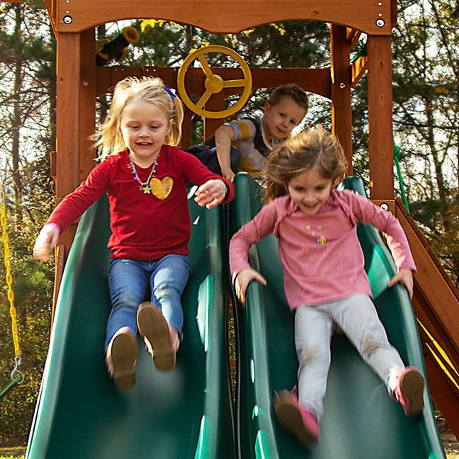 Gorilla Playsets 01-1086 Avalon Treehouse Wooden Swing Set Oversized Green Vinyl Canopy Roof, Two Slides, Climbing Wall, Ladder, and Swings