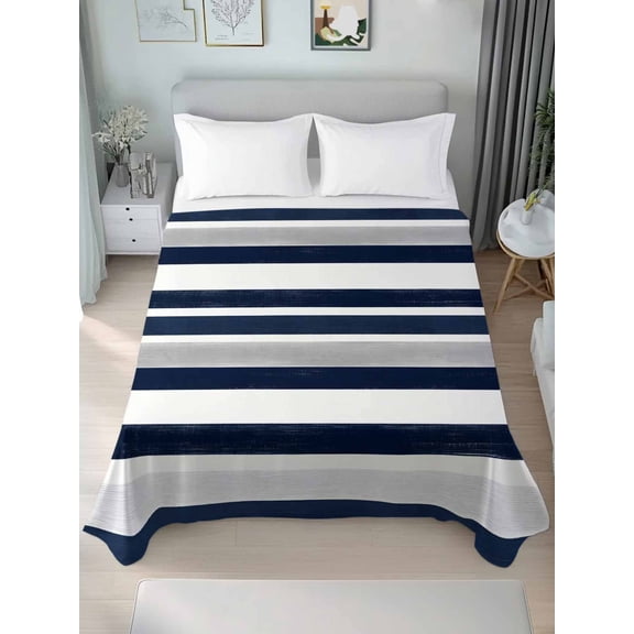 Navy Blue White Striped California King Size Flat Sheet, Wrinkleproof & Fadeproof Cooling Flat Bed Sheet Only, Grey Farmhouse Stripe Abstract Art Breathable Soft Bedding Top Sheets 108 x 98 Inches