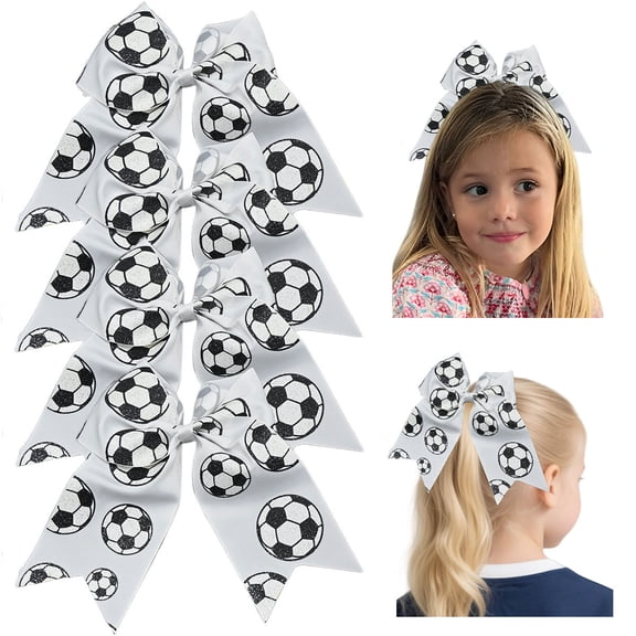 JoyBowie 8 Inch Soccer Print Cheerleading Grosgrain Hair Bows with Elastic Bands, White, 4 Pack for Girls