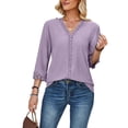 thumbnail image 3 of Frontwalk Women Shirts 3/4 Sleeve Tops Lace Trim Blouse Ladies Casual Tunic Shirt V Neck Purple S, 3 of 5