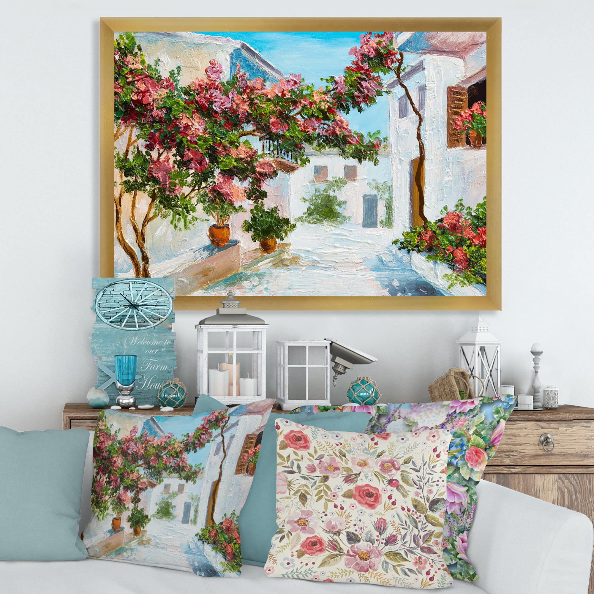 Designart 'Blossoming Flowers With White House Near The Sea' Nautical & Coastal Framed Art Print