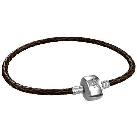 Charm Bracelet For Men, Braided Brown Leather, Fits Pandora Charms, Steel Barrel Snap Clasp, 8 Inch (20 cm)