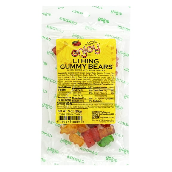 Enjoy Li Hing Gummy Bears (3 oz), Gummy Candy, Resealable Bag, Contains Phenylalanine