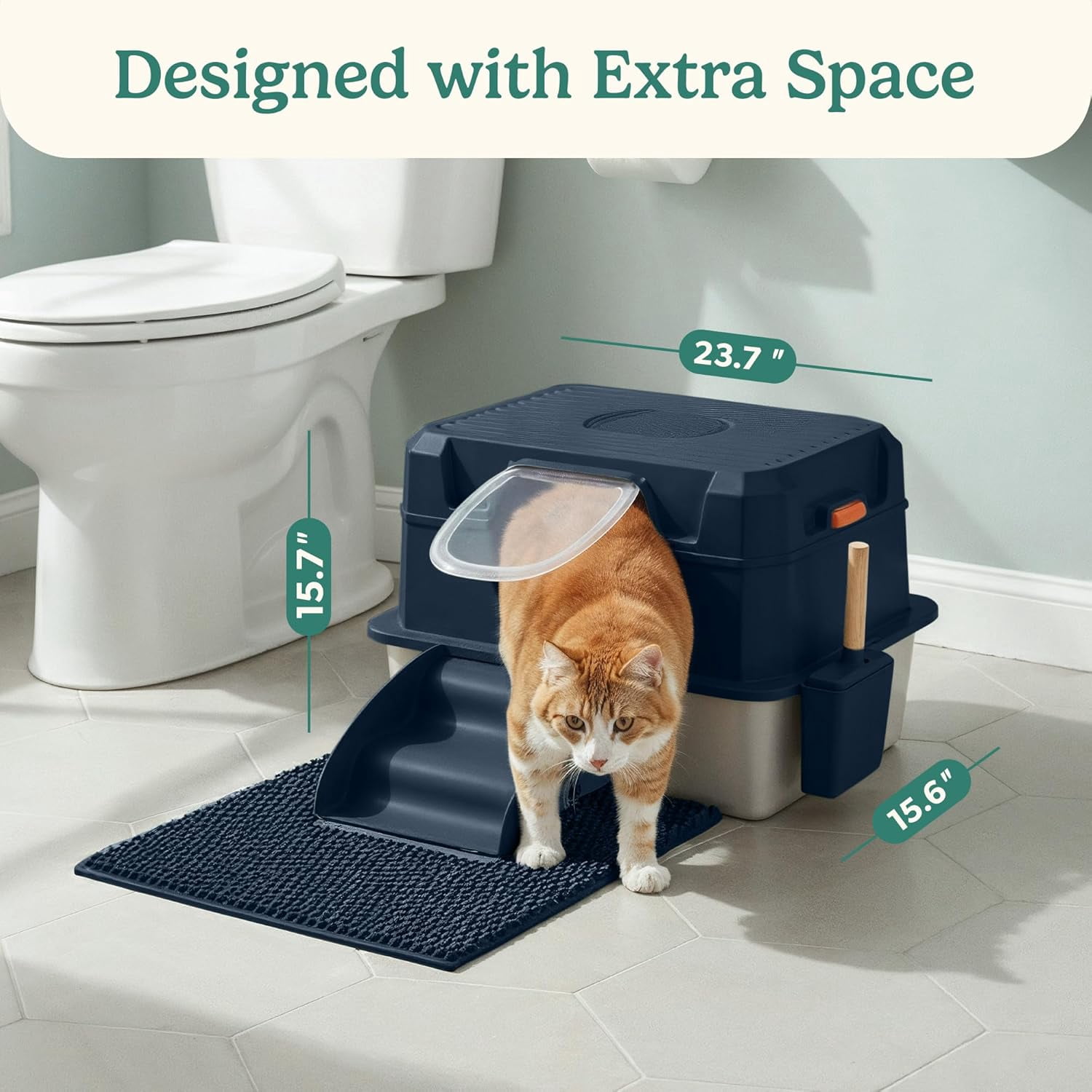 Petcove Stainless Steel Cat Litter Box XL with Lid – 3-in-1 Extra Large Covered Metal Cat Litter Box with High Wall Design & Carbon Filter – Blue