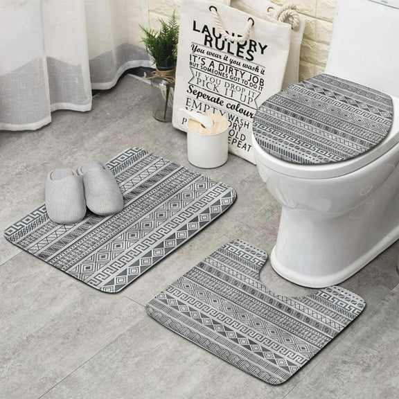 Gray Geometric Diamond Striped Pattern Bathroom Rugs Sets 3 Piece,Toilet Cover Set,Absorbent Non Slip Bathroom Mats Sets with U-Shaped Contour Rug Toilet Rug Set