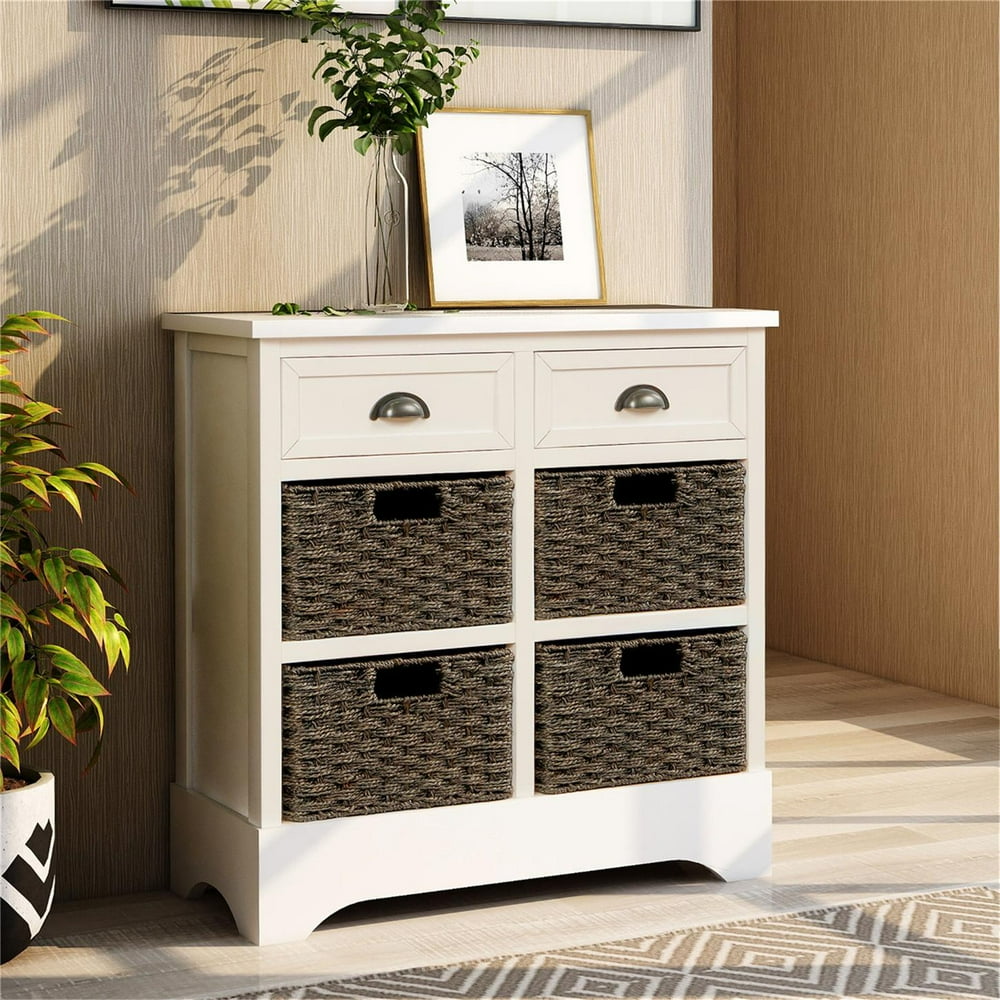 White Storage Chest with 2 Drawers and 4 Rattan Baskets, Wood Accent