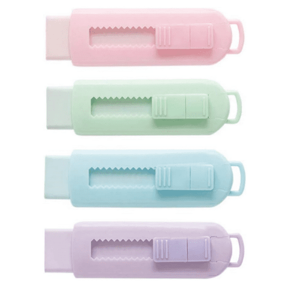 4 Pack Sliding Retractable Pencil Eraser with Plastic Sleeve, Assorted Soft Pastel Color