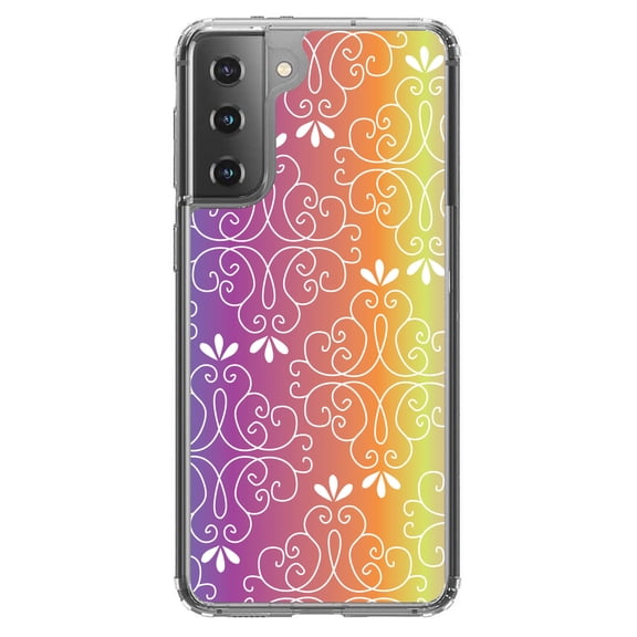 DistinctInk Clear Shockproof Hybrid Case for Galaxy S21 5G (6.2" Screen) - TPU Bumper, Acrylic Back, Tempered Glass Screen Protector - Blue Purple Orange Yellow Pink Gradient