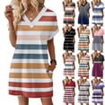 thumbnail image 4 of Women's Striped Print V-Neck Short Sleeve Casual Dress with Pocket, Pullover Summer Dress, Comfortable Loose Fit, Fashionable Ladies Daily Wear,Watermelon Red,S, 4 of 8