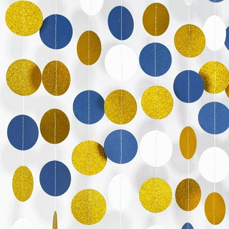 59Ft Navy Blue and Gold Garland Streamer 4 Pack Glitter Paper Hanging Decoration, Circle Dots Garland Banner for Wedding, Bridal Shower, Baby Shower, Nautical Pirate Theme Party Decor