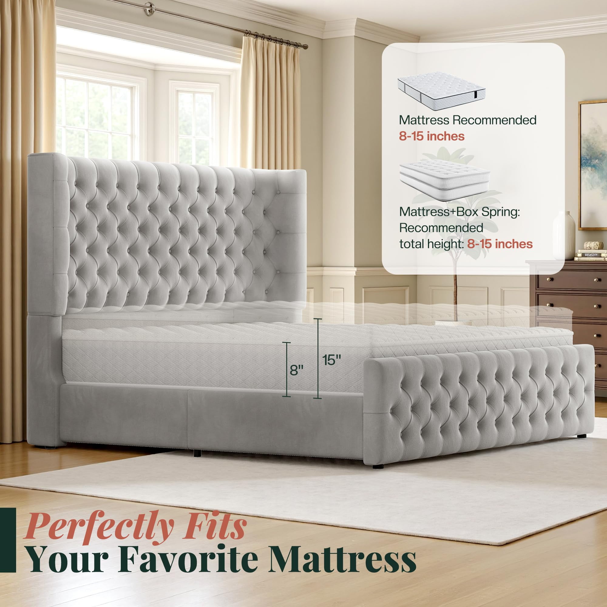 Amerlife King Bed Frame with 49” Upholstered Wingback Headboard, Noise-Free Platform Bed with Steel Frame and Slip-Resistant Edges, Light Grey