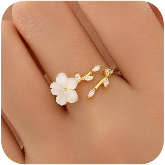 925 Sterling Silver Dainty Flower Ring for Women 14k Gold Plated Sparkling White Cubic Zirconia Leaf Ring for Mother Daughter Elegant Wedding Statement Jewelry Open Wrap Finger Band Christmas Gift