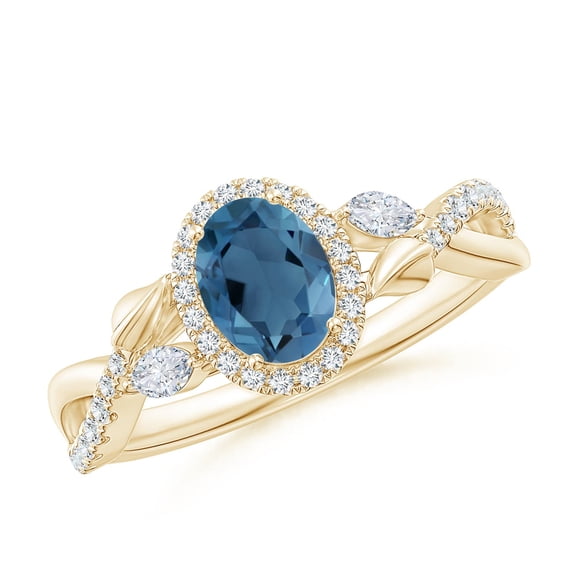 ANGARA Natural Oval London Blue Topaz Twisted Vine Ring with Diamond Halo in 14K Yellow Gold for Women (Size-7x5mm) | November Birthstone Jewelry for Women | London Blue Topaz Ring (Ring Size - 7.5)