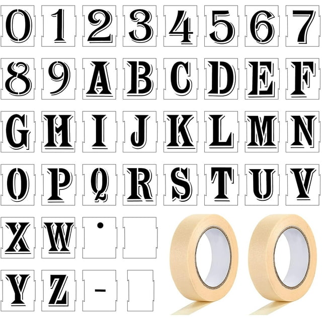 40 Pieces Letter and Number Spray Paint Stencil 4 Inch Curb Stencil Kit Plastic Interlocking Stencils Reusable Alphabet Number Templates with 2 Rolls Masking Tapes for DIY Sign Address Painting