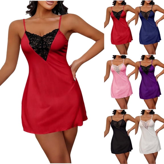 FNFYFH Women's Lace Lingerie Cami Sleep Dress Nightwear Spaghetti Strap Nightgown Babydoll Chemise with Thong