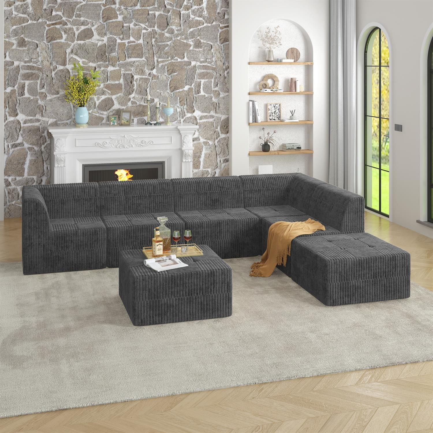 Demi Bonn 130" L-Shaped Modular Sectional Sofa, Modern Minimalist Style DIY Compressed Corduroy Couch for Living Room & Bedroom, Gray