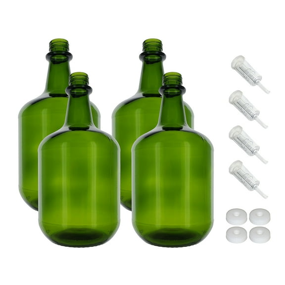 3L Jug Champagne Green - White Cap with Hole and Econo Three-Piece Airlock Pack of Four