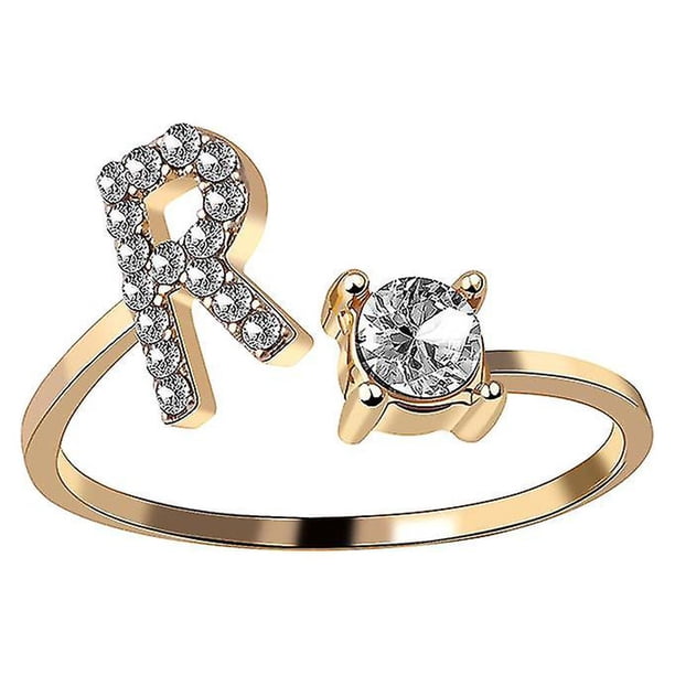 R Anillo de 26 letras Anillo abierto ajustable de metal dorado, Anillo de letra de nombre inicial