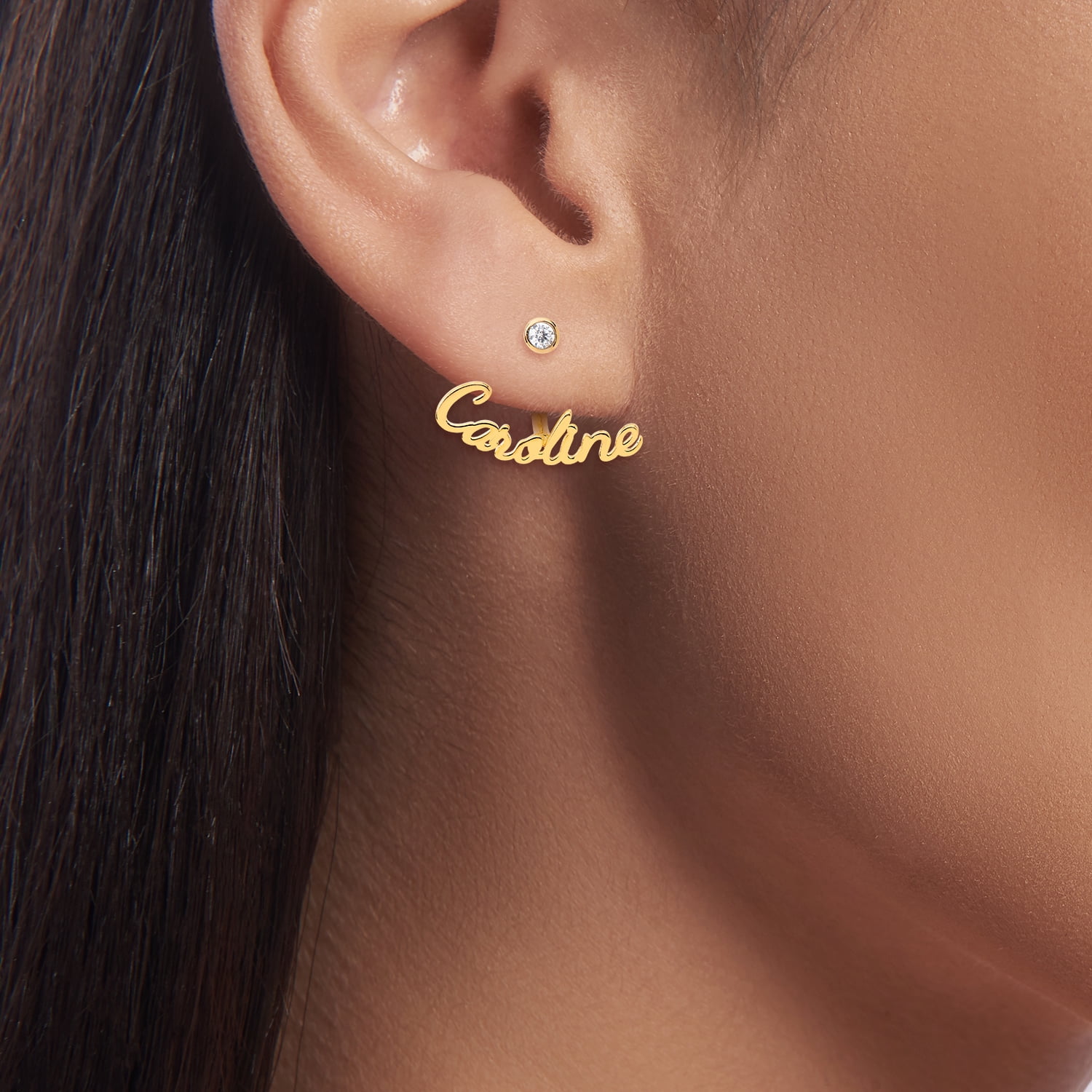 Personalized Planet Script Name and Birthstone Front/ Back Earrings ,Women's