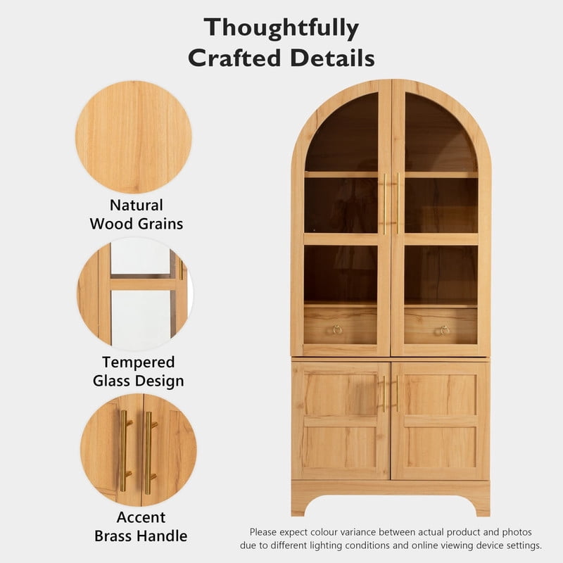 Arched Kitchen Pantry Cabinet with Door Shelves, 71" Tall Kitchen Storage Cabinet with Open & Adjustable Shelves, Freestanding Kitchen Cupboard with Hidden Drawer & Glass Door