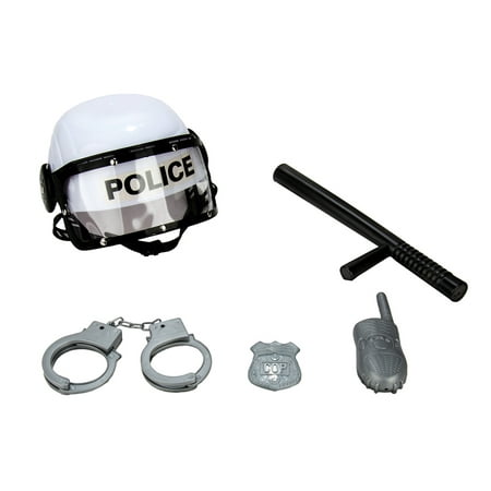 Police Officer Helmet Costume with Plastic Handcuffs, Baton, Badge, and Radio Pretend Play Set for Kid's, Children, (Best Pretend Play For Toddlers)