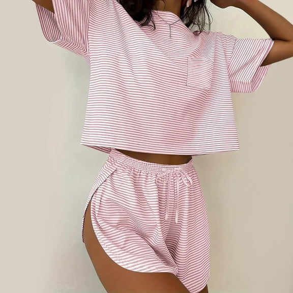 Summer 2 Piece Pajamas Sets Short Sleeve Sleepwear Pjs Lounge Split Short Sets Pink S
