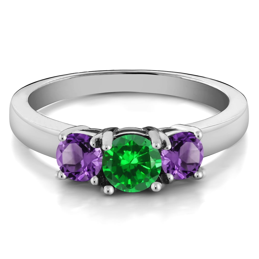 Gem Stone King 1.34 Cttw Green Simulated Emerald and Purple Amethyst 3-Stone Ring for Women | 925 Sterling Silver | Gemstone Birthstone | Wedding Engagement Anniversary Promise Ring for Women| Size 7