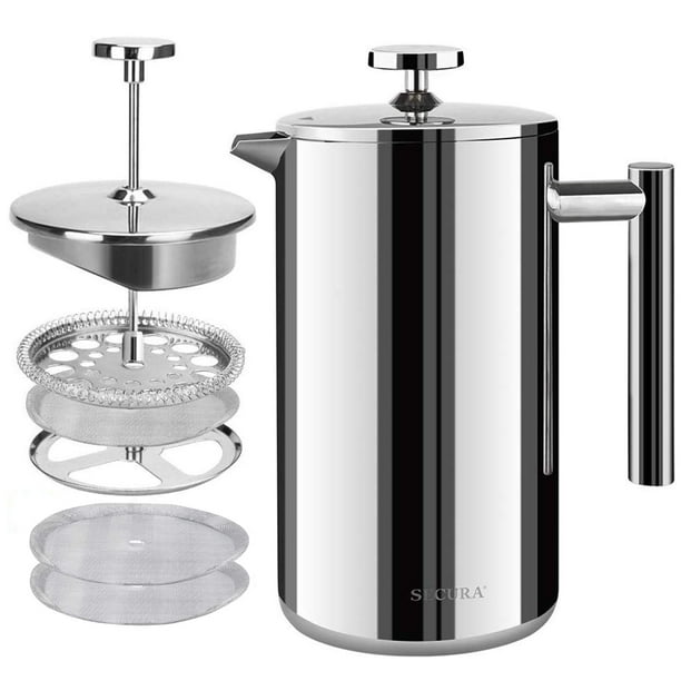 Secura Cafetera de prensa francesa, prensa de café aislada de acero inoxidable de grado 304 con 2 pantallas adicionales, 50 oz (1,5 litros), plateada