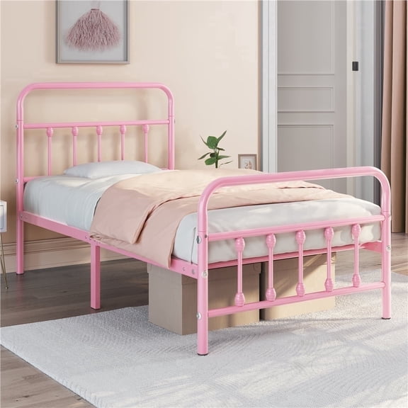 Yaheetech Iron Metal Platform Bed with High Headboard and Footboard, Twin, Pink