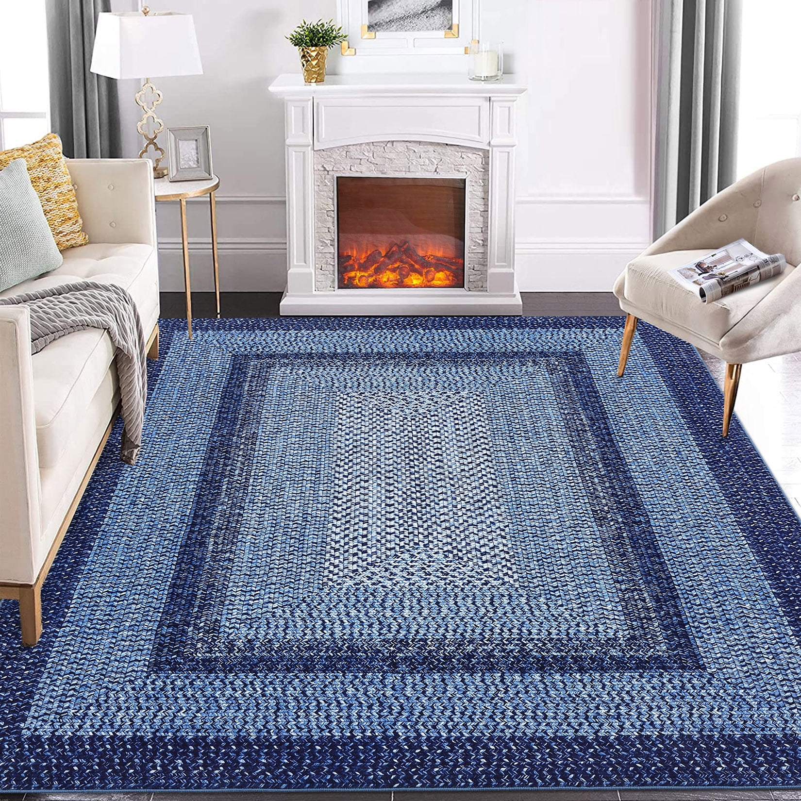 CAROMIO 8' x 10' Modern Rugs for Bedroom Imitation Braided Pattern Soft Geometric Living Room Carpet, Navy