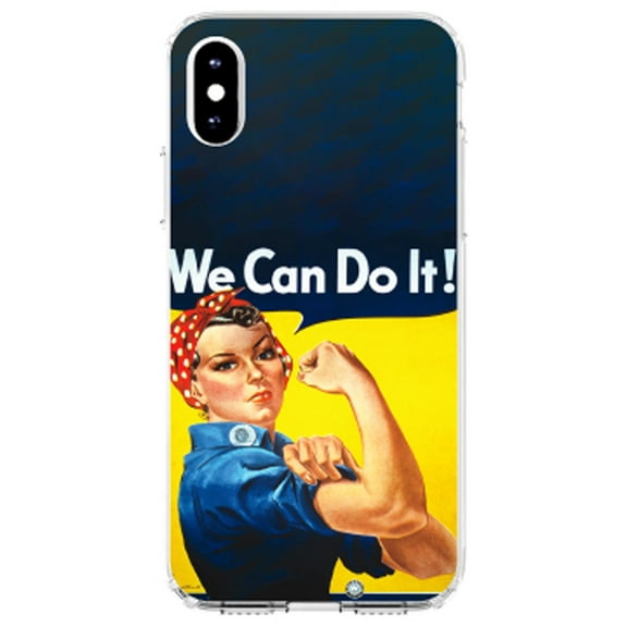DistinctInk Clear Shockproof Hybrid Case for iPhone XS Max (6.5" Screen) - TPU Bumper, Acrylic Back, Tempered Glass Screen Protector - Rosie the Riveter