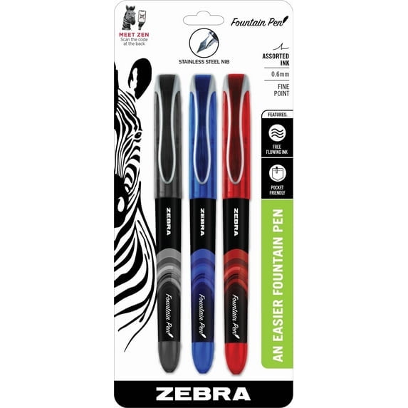 (2 Pack) Zebra Pen Fountain Pen Set, Fine Point, 0.6mm, Assorted Ink Colors, 3-Count