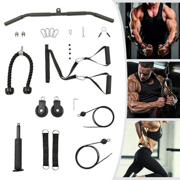 ChicHomey Pulley System Gym,Multi-Function  Black Cable Weight Pulley System,120kg Capacity,Adjustable Pull Down Bar, for Home/Gym Muscle Training