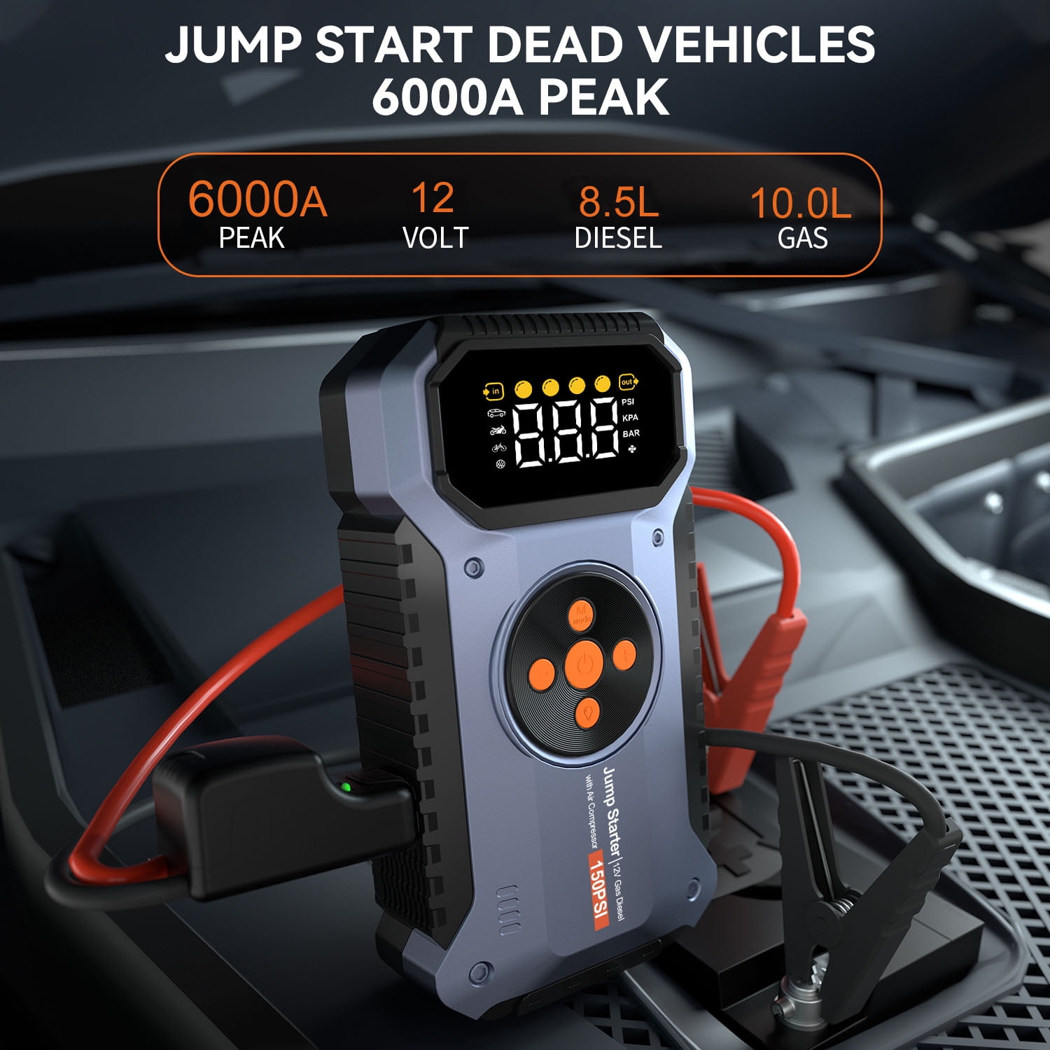 Featou Battery Jump Starter with Air Compressor, 6000A Peak Car Jumper Starter Portable with 150PSI Digital Tire Inflator for 10L Gas or 8.5L Diesel