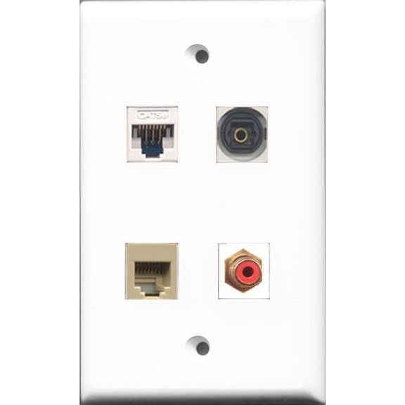 RiteAV 1 Port RCA Red and 1 Port Phone RJ11 RJ12 Beige and 1 Port Toslink and 1 Port Cat5e Ethernet White Wall Plate
