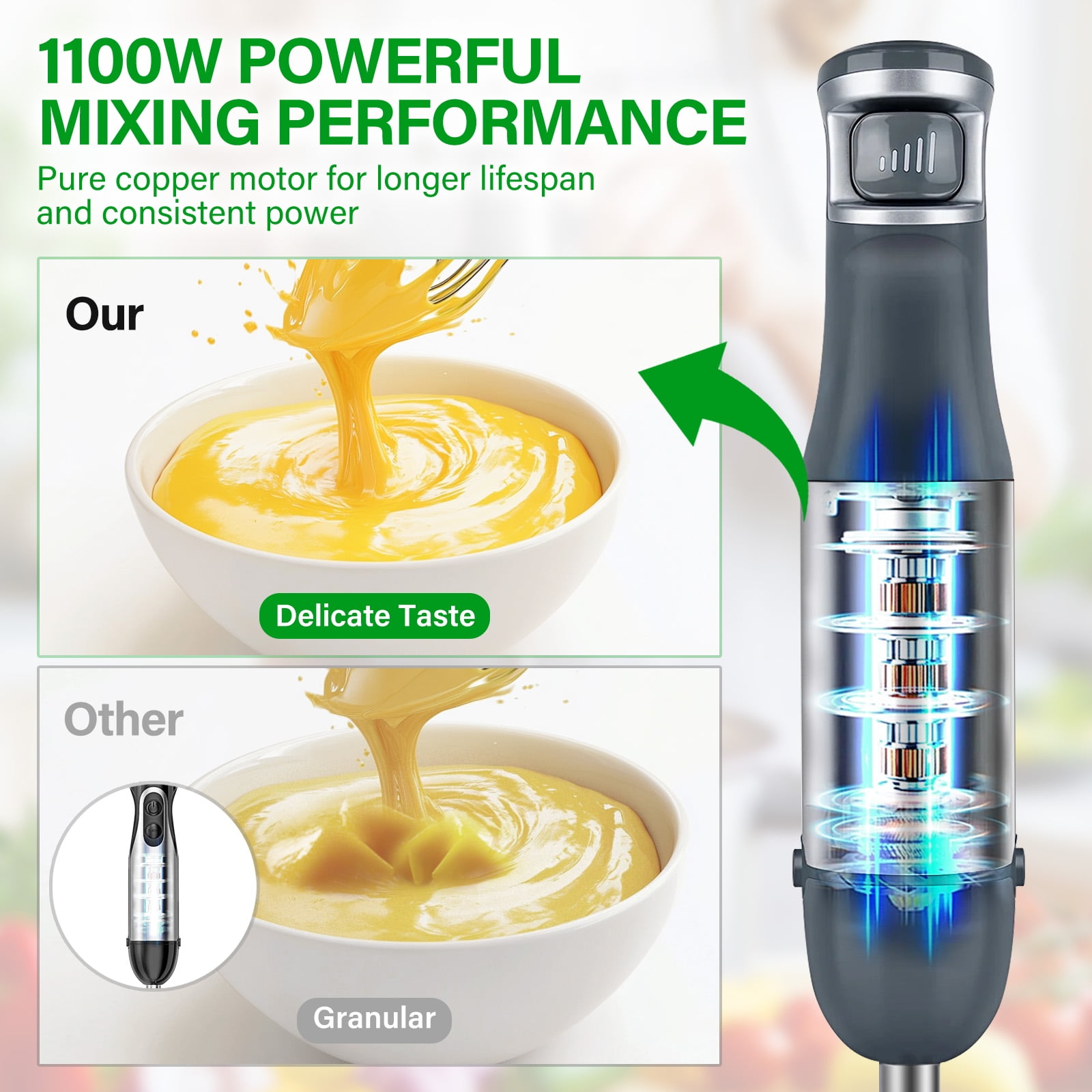 Immersion Blender Handheld 1100W 3 in 1 Corded Stick Hand Blenders for Kitchen with Trigger Speed Control, with Whisk, Milk Frother Attachemnts, Perfect Emulsifier for Soup, Smoothie, Puree