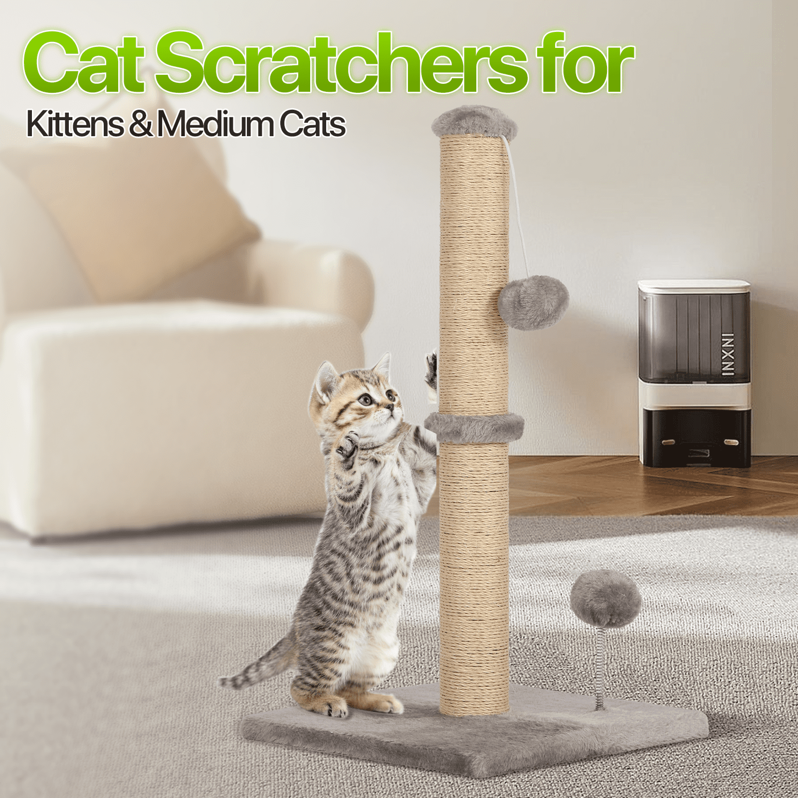 Dkelincs Cat Scratching Post with Sisal & Spring Ball Toy 22" Tall Cat Scratcher for Indoor Cats/Kittens Natural Sisal Scratch Post Trees for Living Room Bedroom, Light Gray