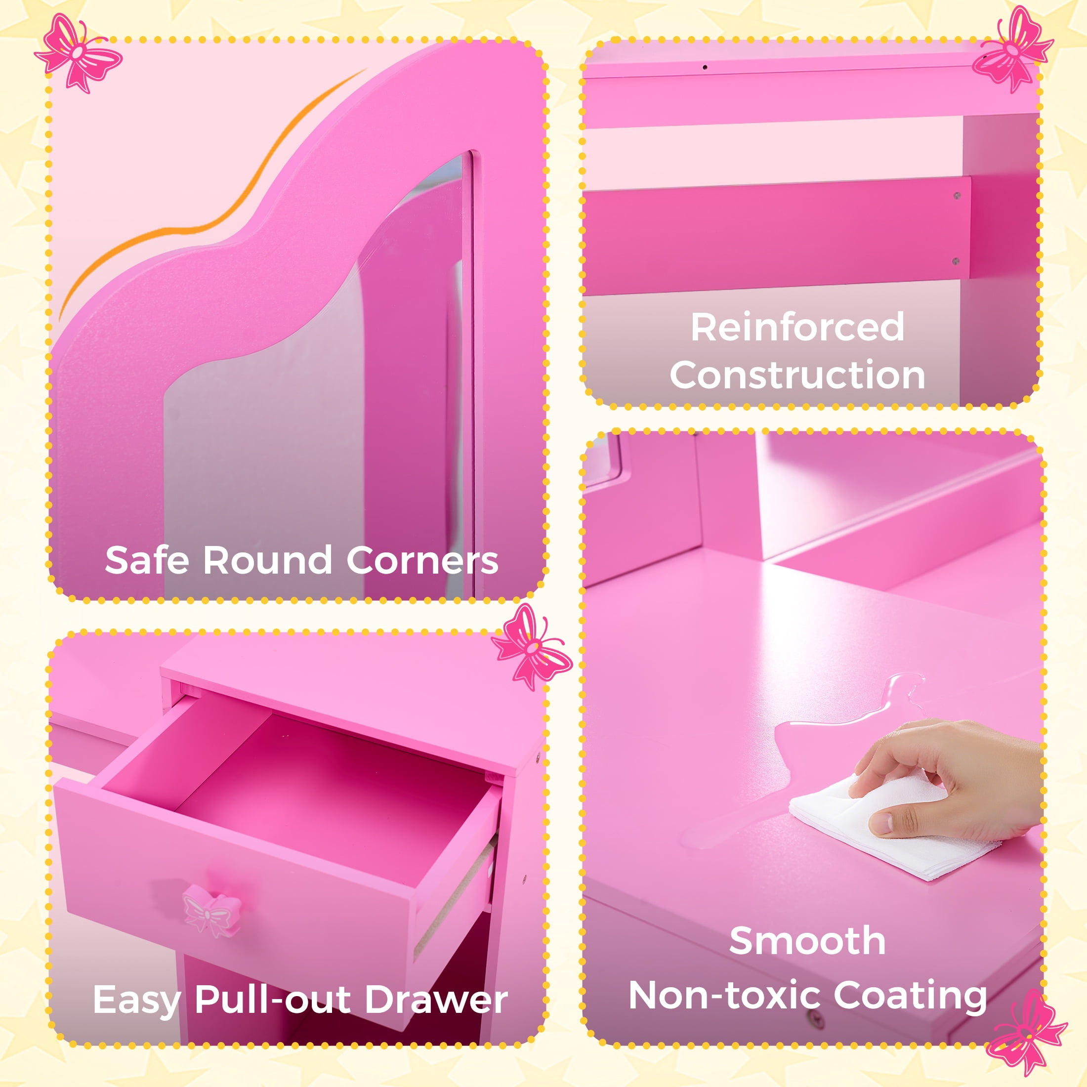 iYofe Girls Vanity Set with Mirror and Stool, Kids Vanity Table and Chair Set, Convertible Writing Desk for Girls Ages 3-9, Pink
