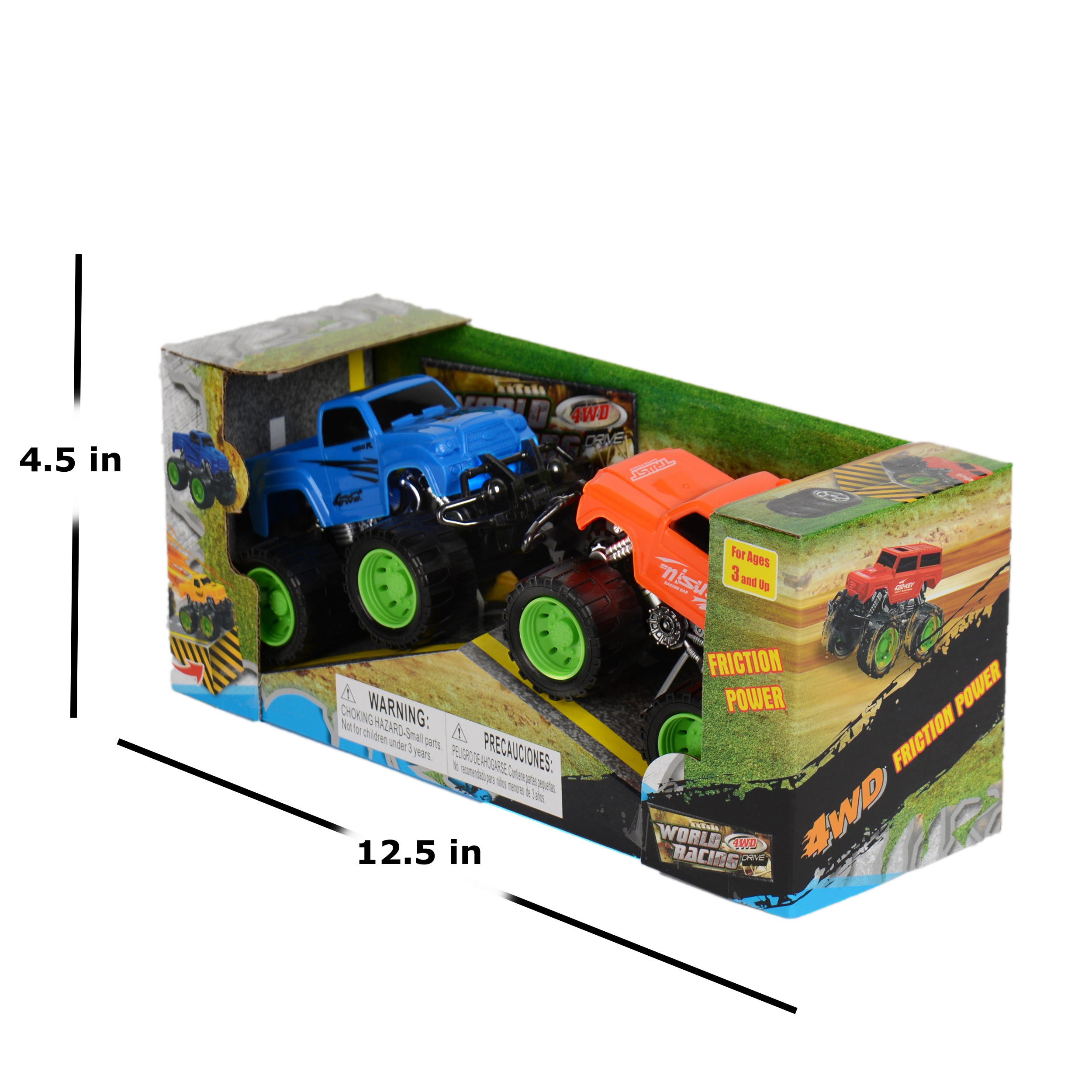 Set of 2 Friction Monster Trucks with Ramp – Travel-Size Off-Road Toy Trucks for Kids