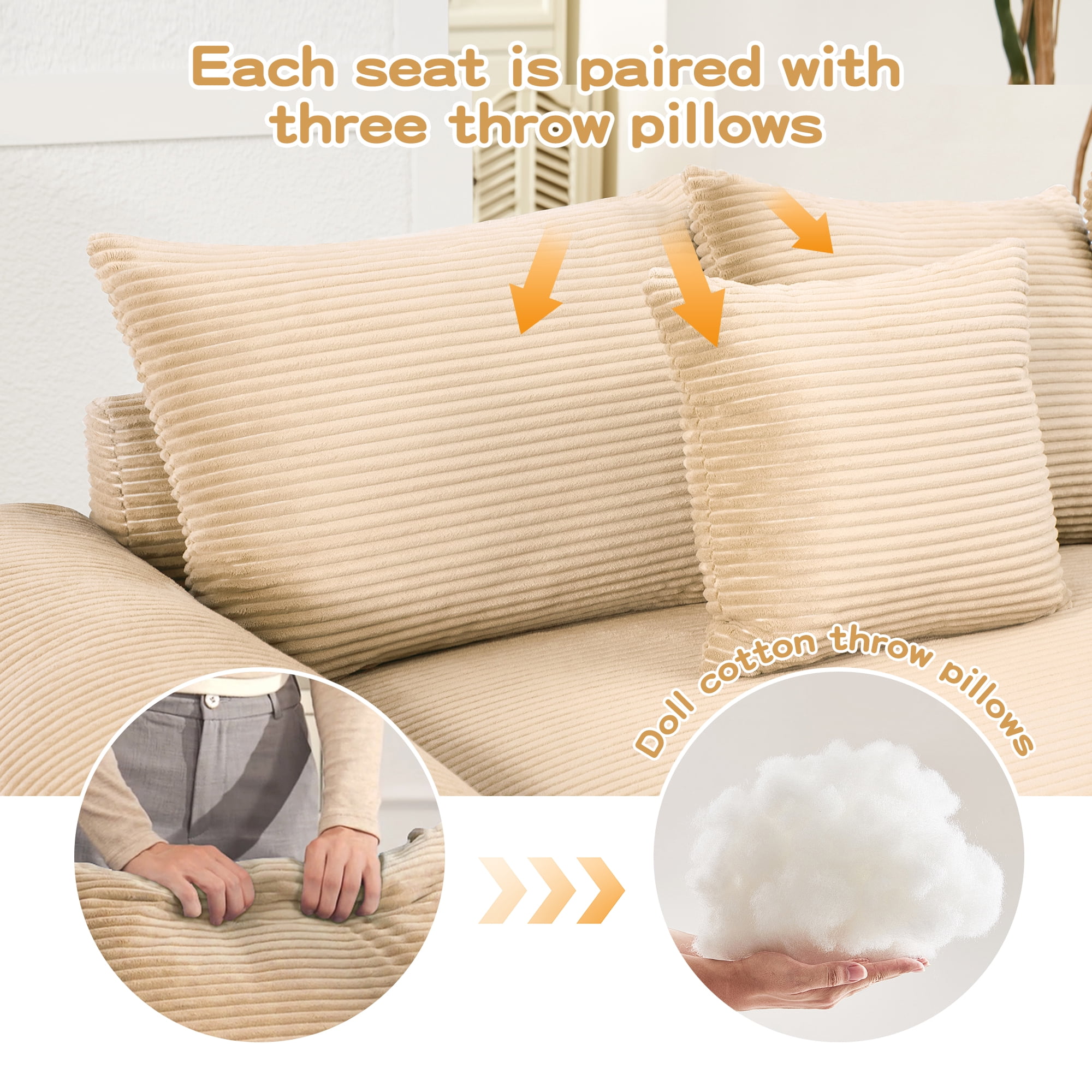Anpport 130" Cloud Modular 3-Seater Camel Corduroy Sofa, Washable Removable Covers, Double-Layer Thick Cushions, Wide Armrest, Apartment