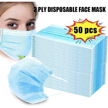 Disposable 3-Ply Face Mask Antiviral Medical Surgical Mask with Earloop Polypropylene Masks for Personal Health - 50 Pieces (Blue)