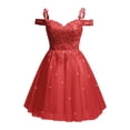 thumbnail image 1 of Vestido de bienvenida SoDigne rojo con purpurina de tul con hombros descubiertos, 1 of 7