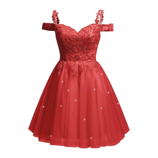 Vestido de bienvenida SoDigne rojo con purpurina de tul con hombros descubiertos