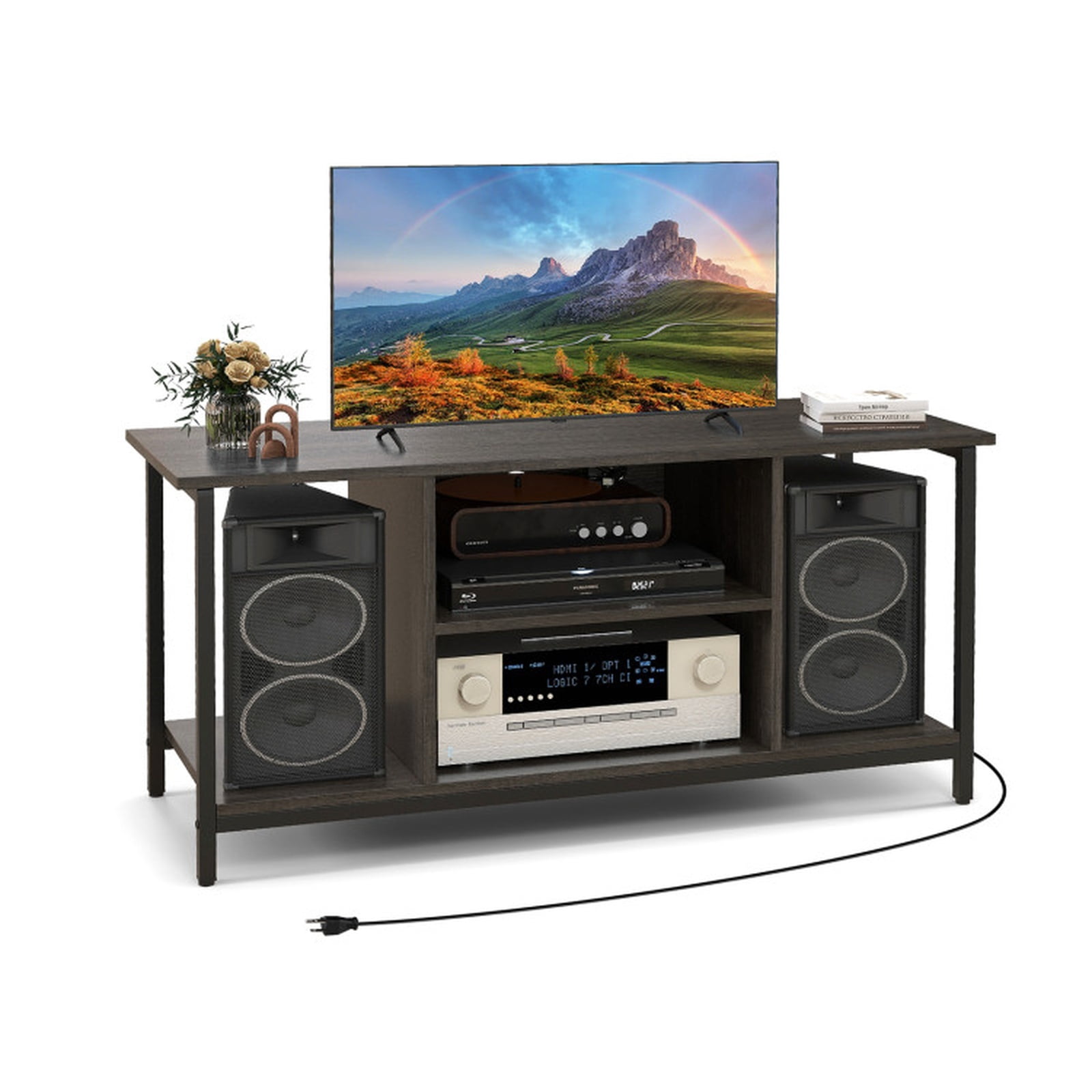Furnibear 3 Tier TV Stand Entertainment Center with Power Outlet USB Ports and Adjustable Shelf for Living Room Media Storage, Gray