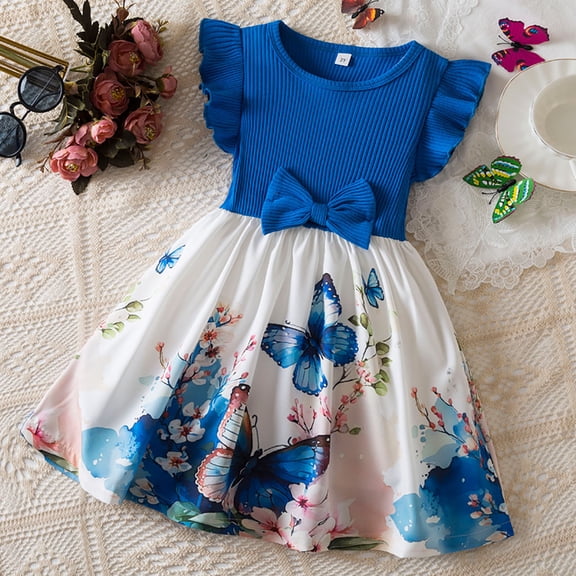 Girls' Dresses Children Fly Sleeve Cartoon Print Bowknot Kids Clothing