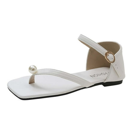 

Hauiodp Wedding Shoes for Bride Flat Sandals Open Toe Pearl Bridal Shoes Flat Wedding Sandals for Women Girls Dressy Summer