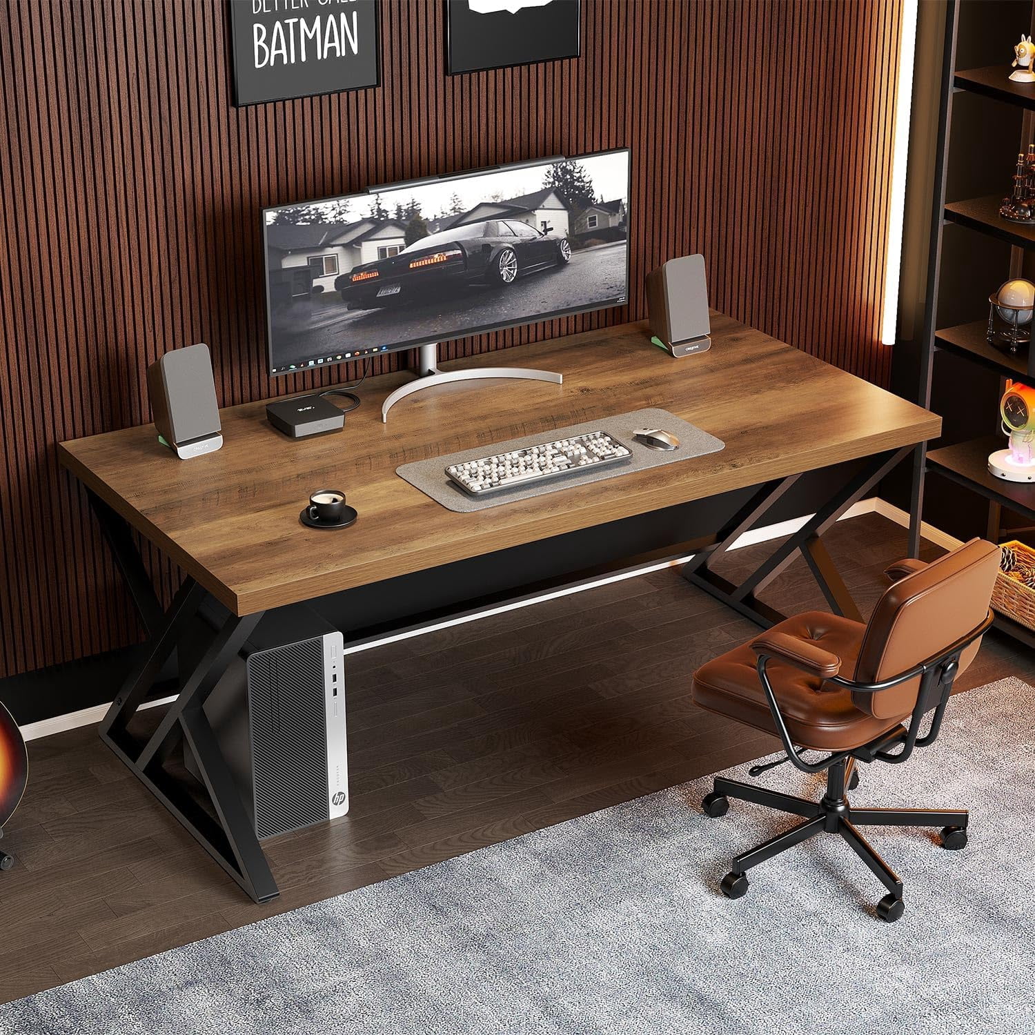 LVB Wood Computer Desk, Rustic Home Office Executive Desk for Bedroom,  Wooden Computer Writing Study Work Gaming Table, Modern Metal PC Student Simple Desk with Storage, 55 Inch, Rustic Oak