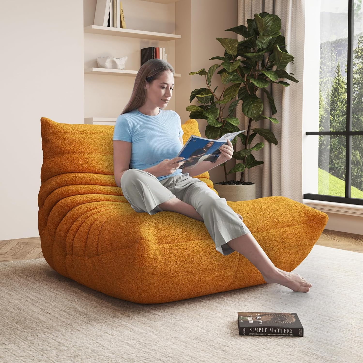 Single Yellow Bean Bag Chair for Adults with Memory Foam Filler, Faux Fur Floor Gaming Sofa for Home or Apartment